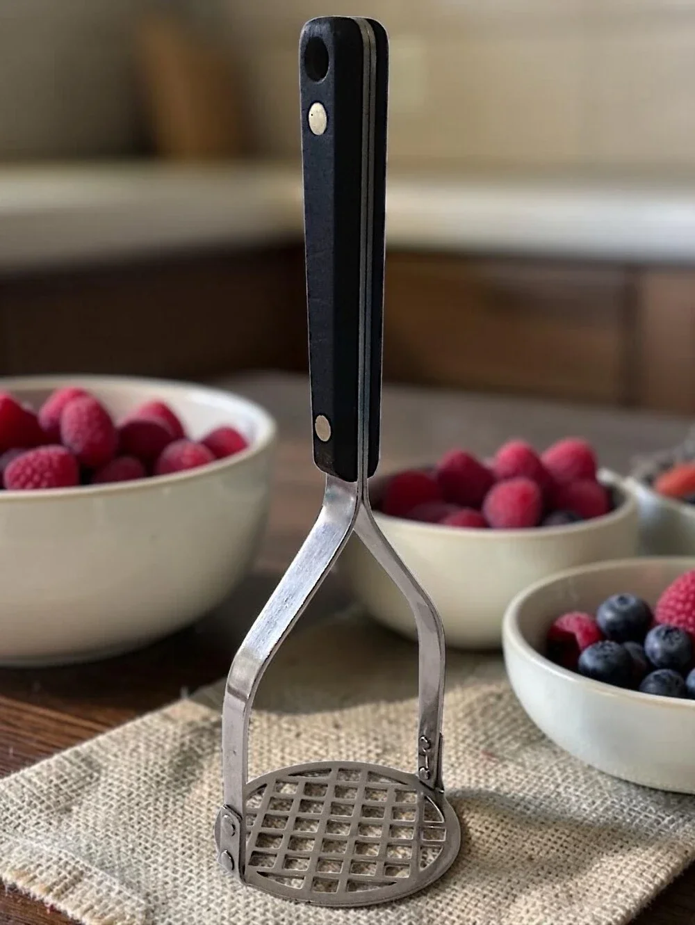 Vintage Flint Arrow Potato Masher Stainless Steel Black Handle USA Kitchen Tool